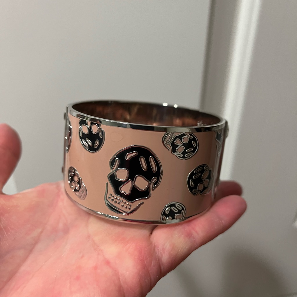 Alexander Mcqueen Silver And Peach Nude Wide Skull Bangle Bracelet